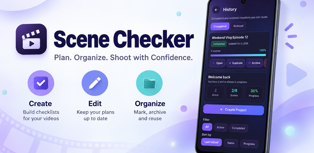 Scene Checker app promotional image showing interface previews