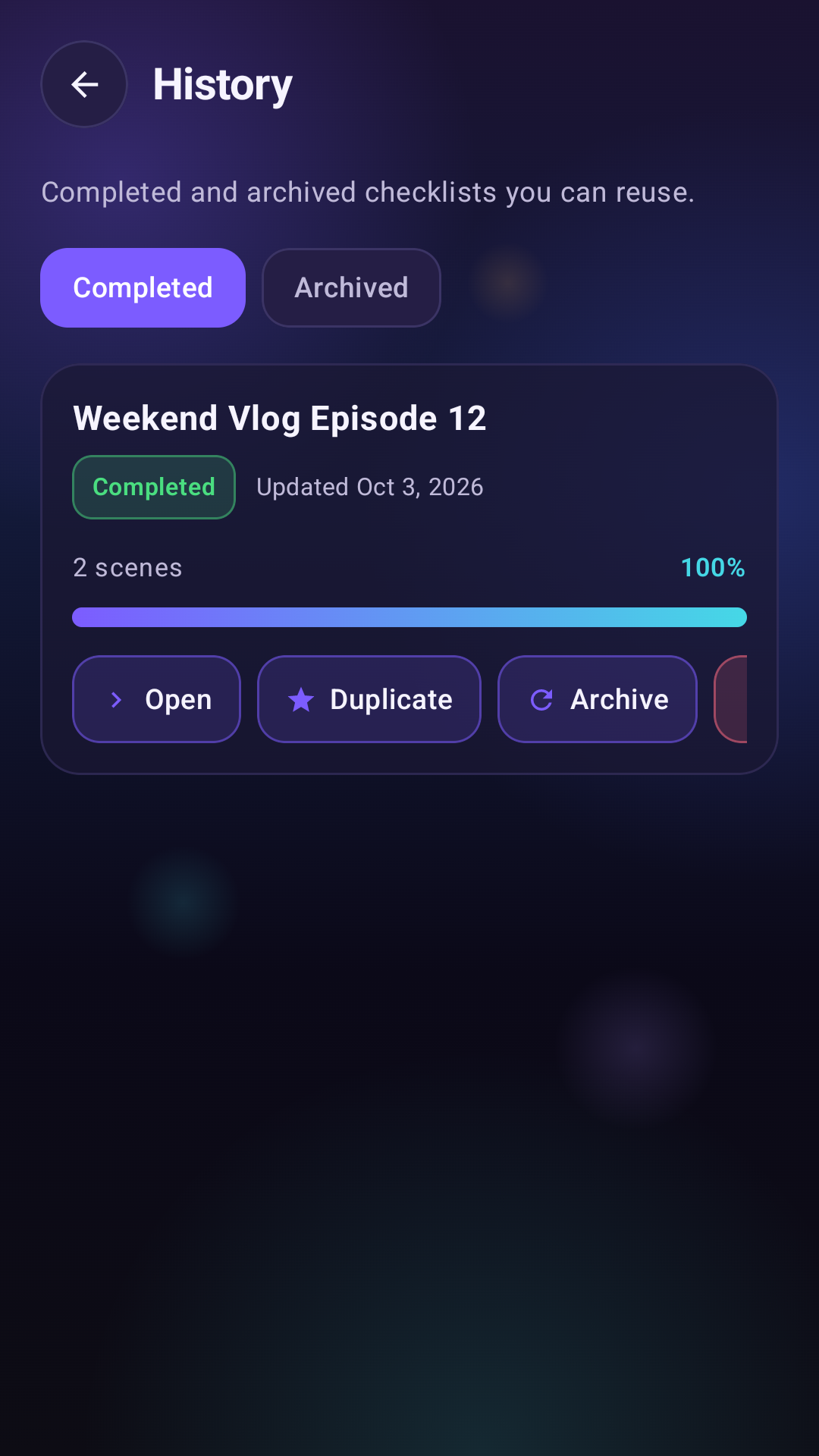 Scene Checker history of completed shoots